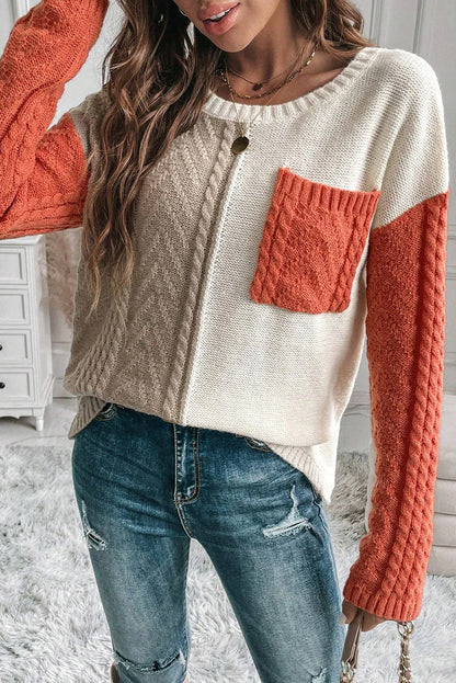 Gold Flame Colorblock Patched Pocket Drop Shoulder Sweater - Chic Meadow Boutique 