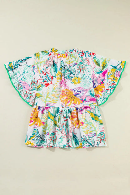 White Tropical Floral Print Ruffled Short Sleeve Blouse - Chic Meadow Boutique 