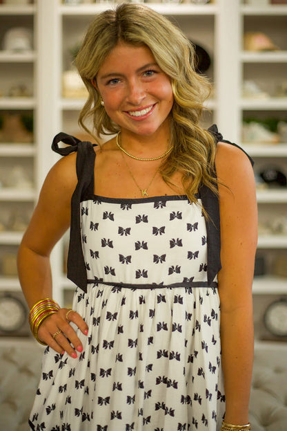 White Bow Knot Color Contrast Trim Knotted Shoulder Mini Dress