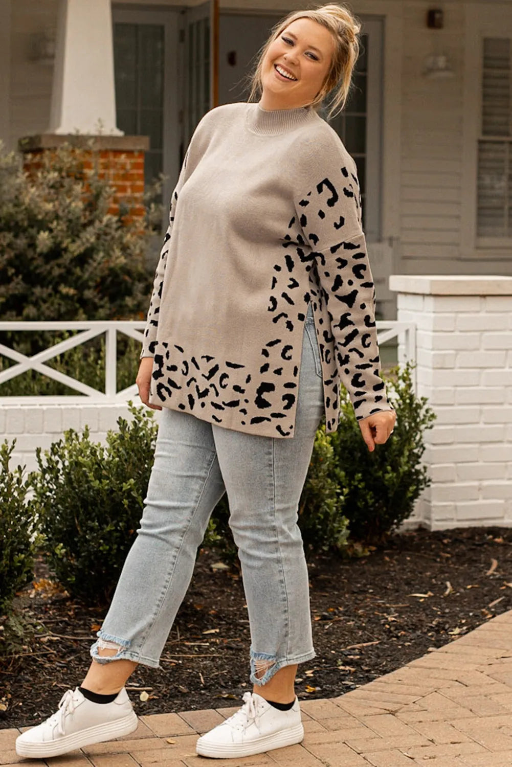 Khaki Plus Size Leopard Patchwork High Neck Sweater - Chic Meadow Boutique 