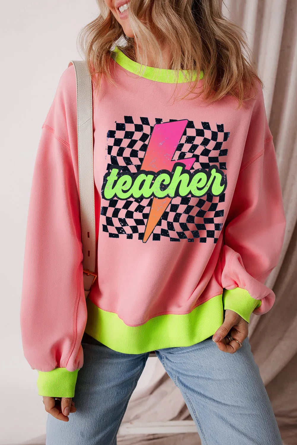 Pink Teacher Lightning Checkered Print Color Block Sweatshirt - Chic Meadow Boutique 