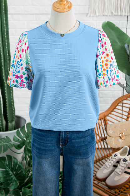 Light Blue Round Neck Textured Contrast Floral Bubble Sleeve Blouse