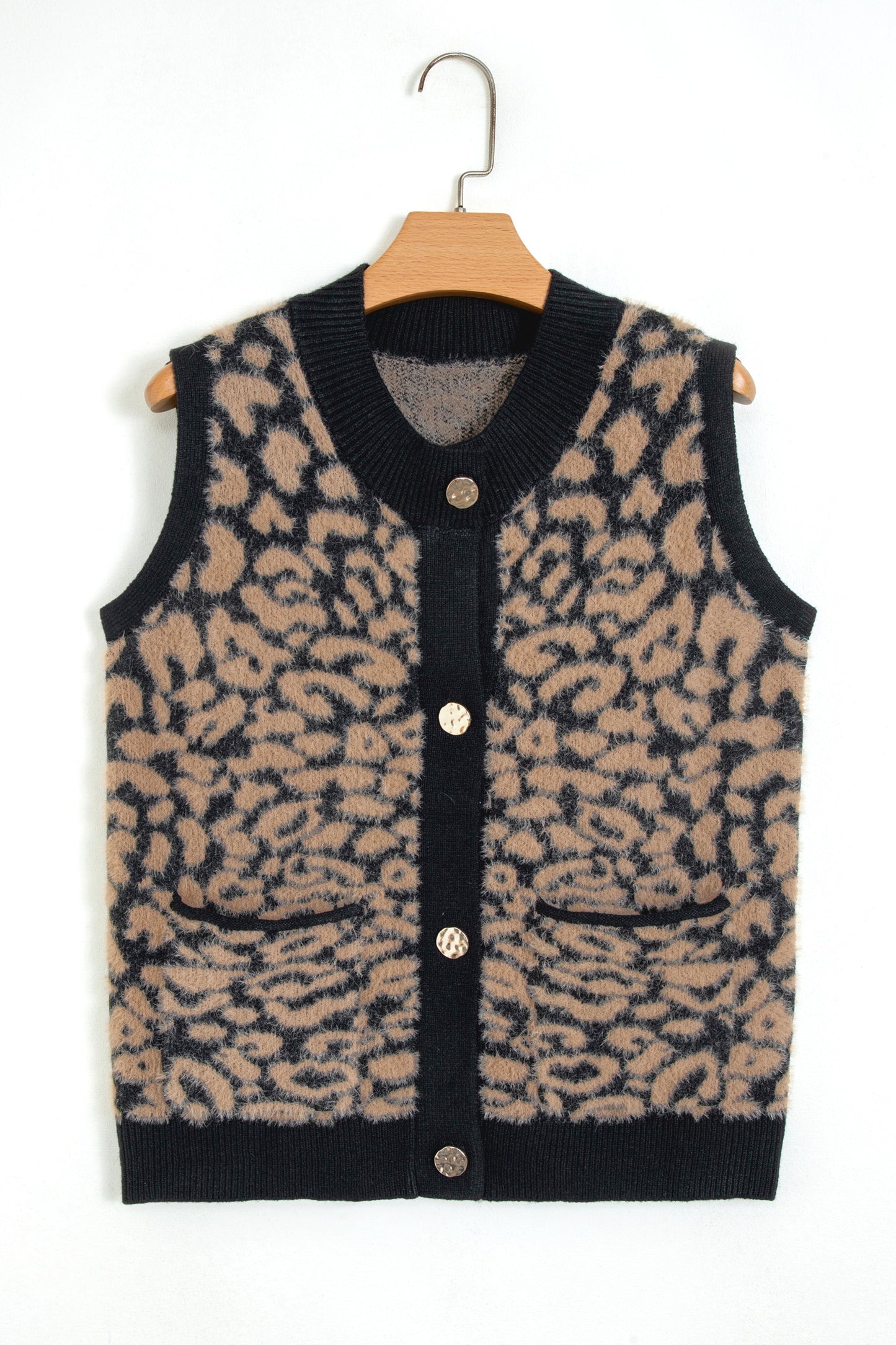 Black Leopard Print Knit Sleeveless Regular Wash Sweater Vest
