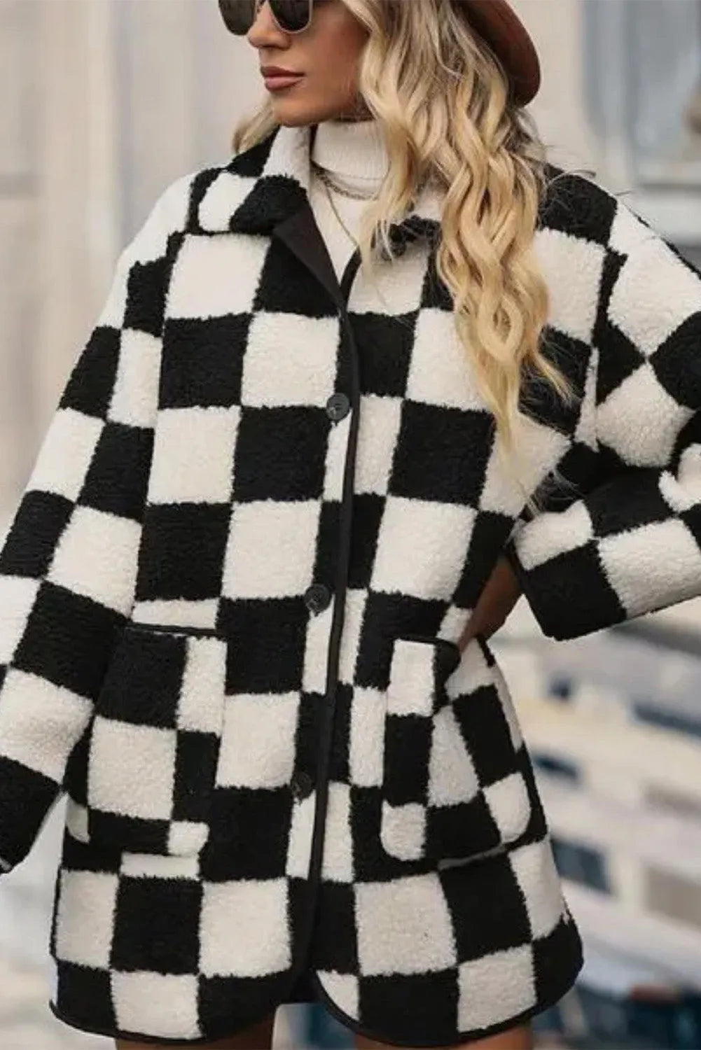 Black Checkered Side Pockets Collared Buttoned Fleece Jacket - Chic Meadow Boutique 