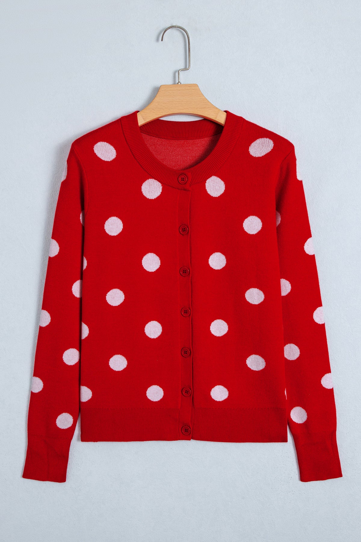 Fiery Red Casual Polka Dot Button Front Long Sleeve Sweater Cardigan