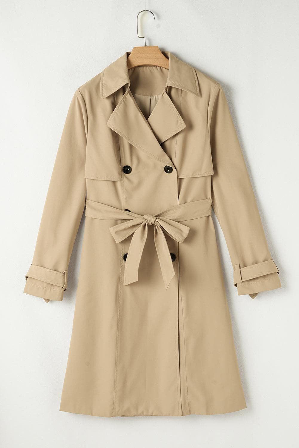 Outerwear/Coats Pale Khaki Solid Color Lapel Collar Waist Tie Wind Coat