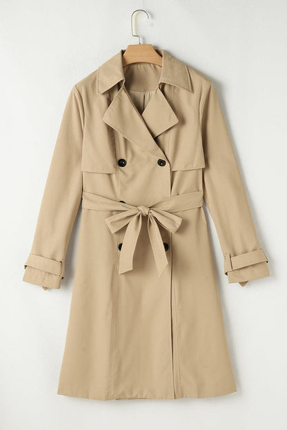 Outerwear/Coats Pale Khaki Solid Color Lapel Collar Waist Tie Wind Coat