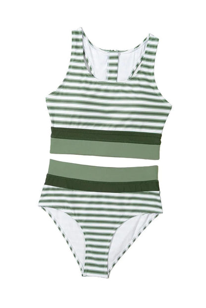 Swimwear/High Waisted Swimsuit White Stripe Zipped Cut out Racer Back High Waisted Bikini