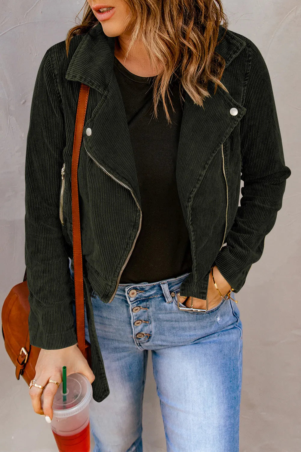 Buckle Belted Zip Up Corduroy Jacket - Chic Meadow Boutique 