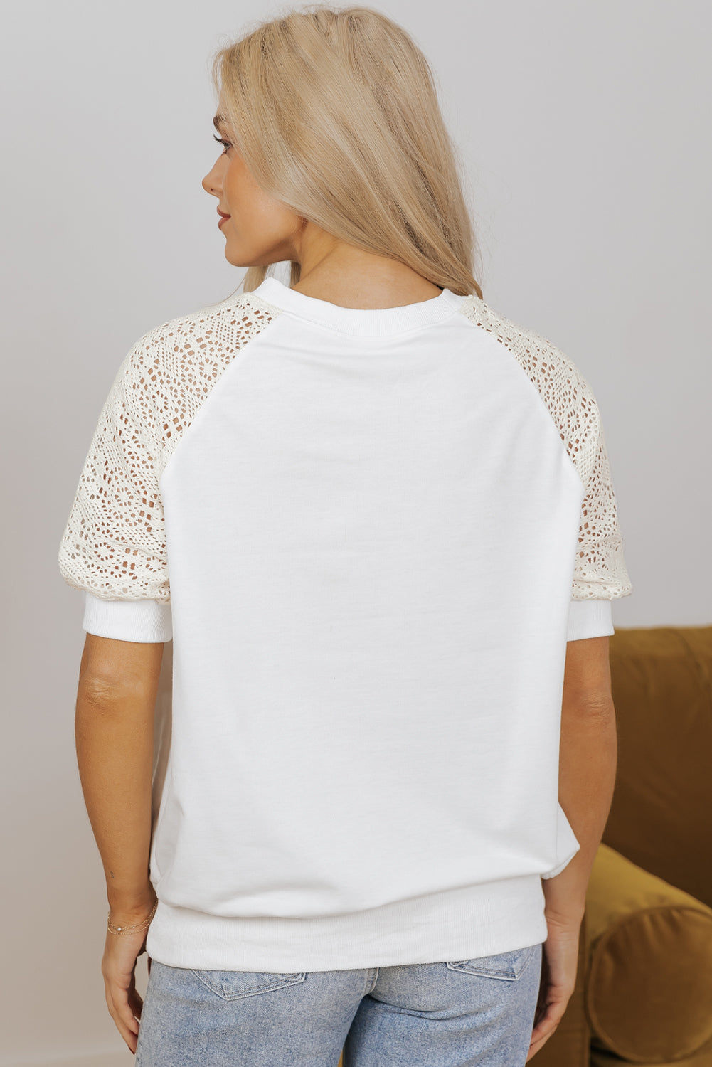 White Lace Crochet Short Sleeve Round Neck T Shirt