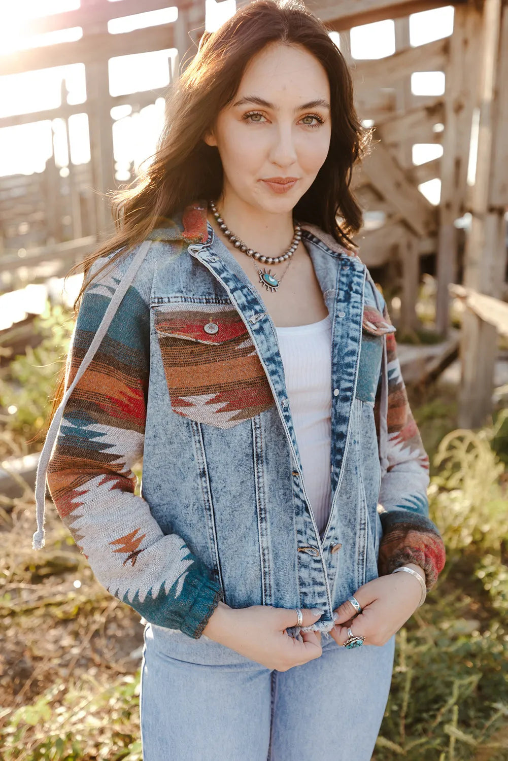 Multicolor Aztec Print Frayed Hem Denim Jacket - Chic Meadow Boutique 