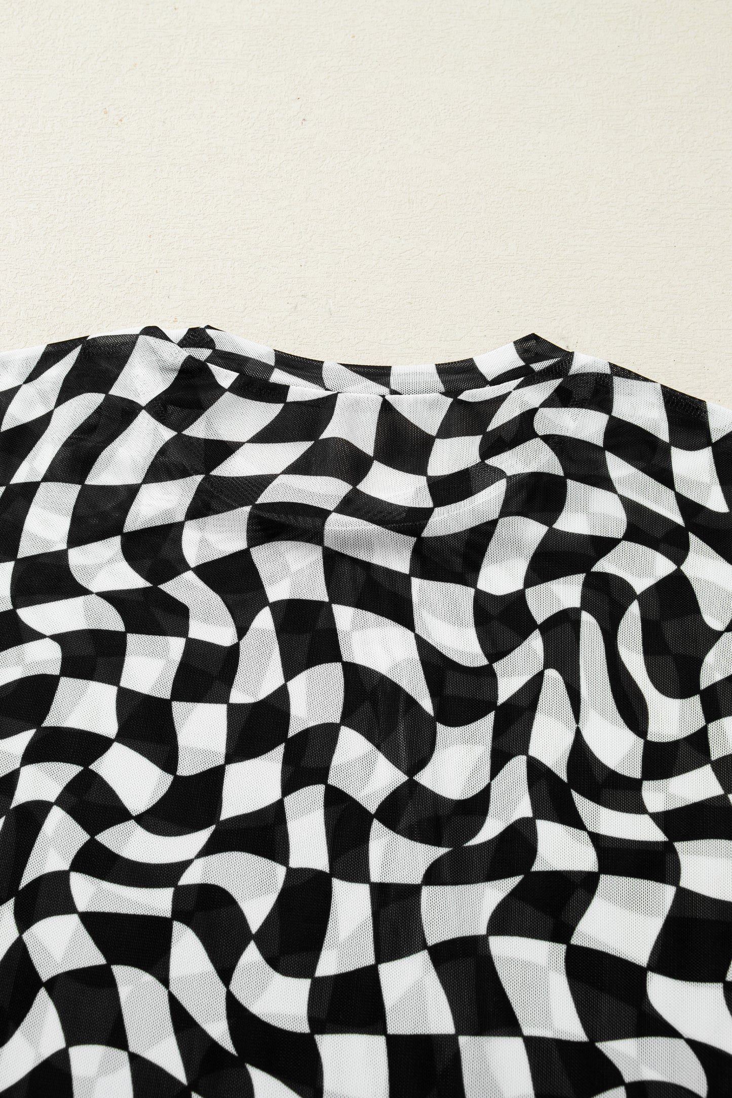 Black Checkered Print Mock Neck Mesh T Shirt