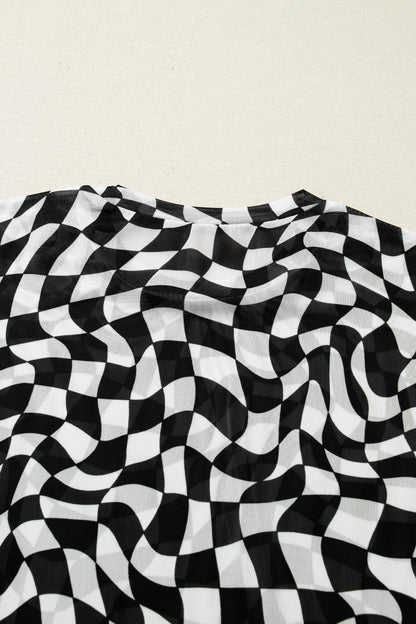 Black Checkered Print Mock Neck Mesh T Shirt