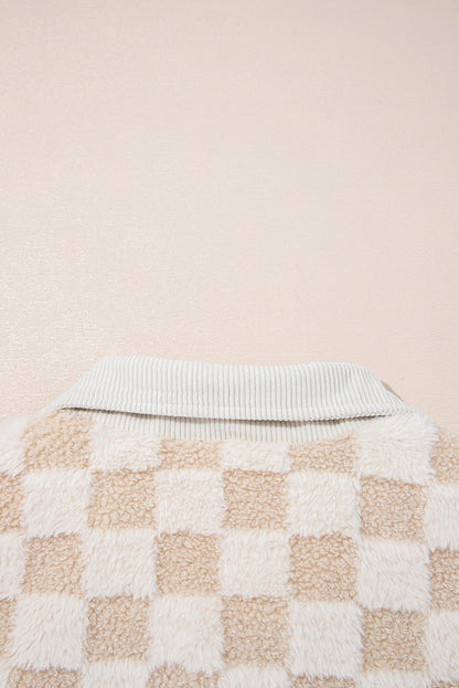 Khaki Checker Sherpa Corduroy Patchwork Zip up Collared Jacket