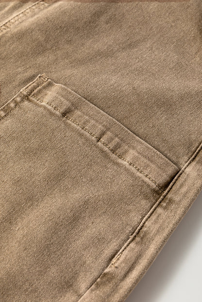 Light French Beige Solid Color Knot Straps Denim Romper with Pockets