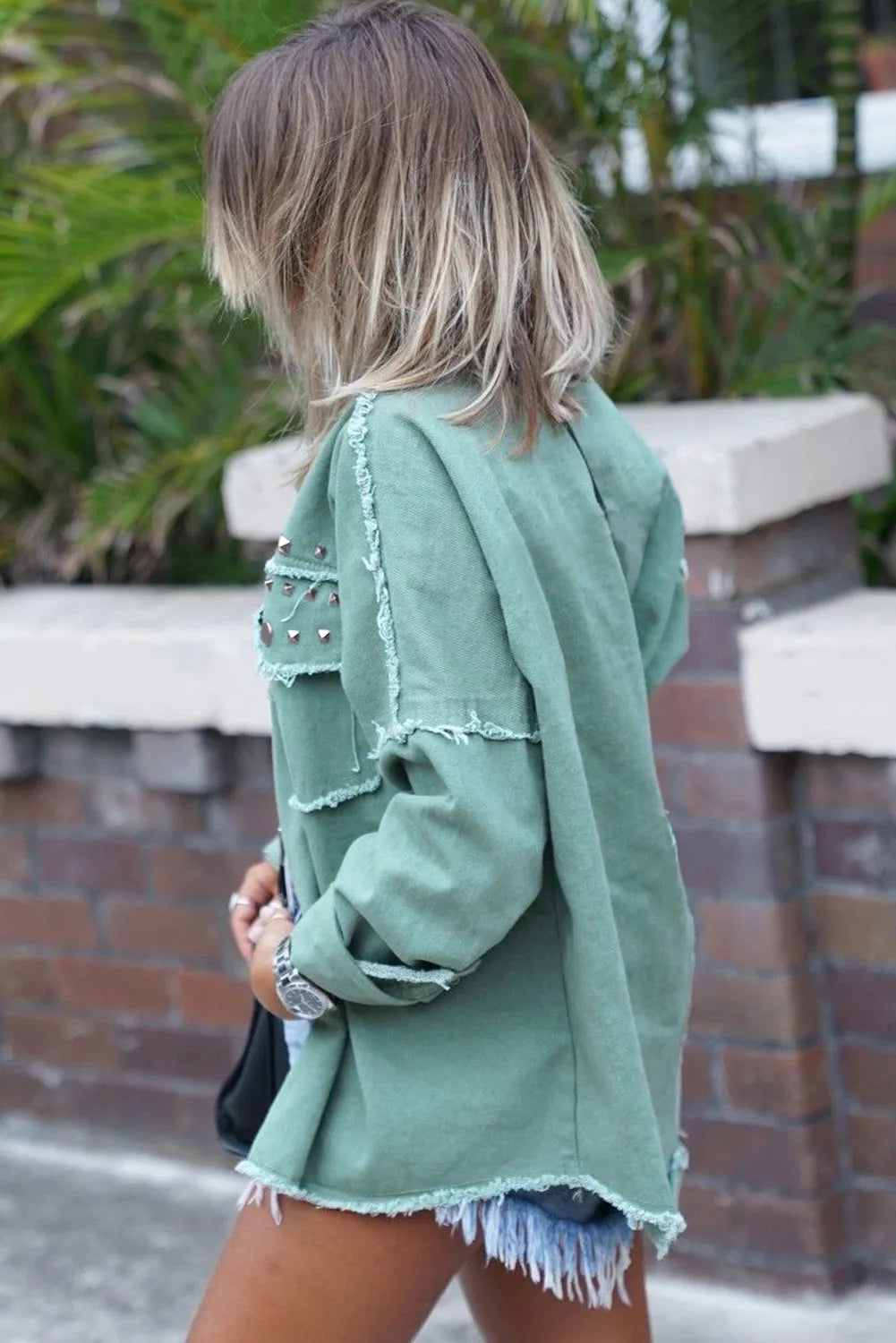 Mist Green Frayed Trim Riveted Denim Jacket - Chic Meadow Boutique 