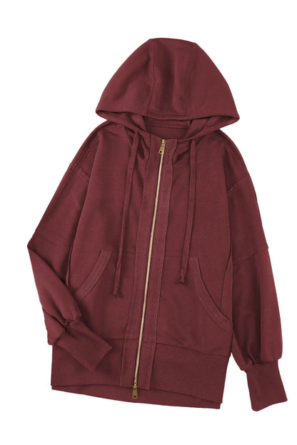 Brown Raw Edge Exposed Seam Full Zip Hoodie - Chic Meadow Boutique 