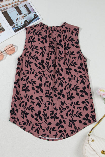 Brown Leaf Print Lace-up V Neck Crinckled Tank Top