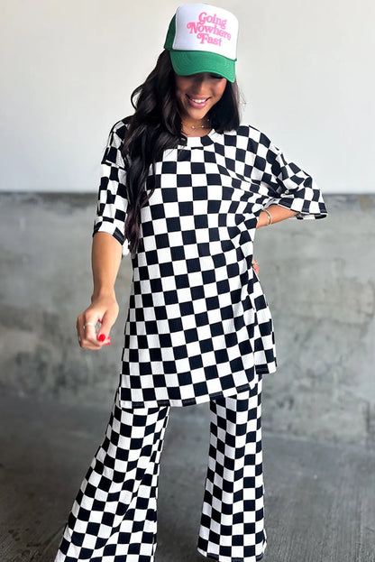 Black Checkered Print Half Sleeve Tunic Top and Flared Pants Set - Chic Meadow Boutique 