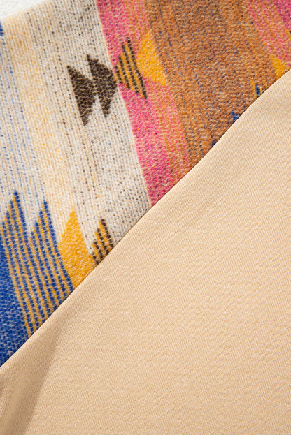 Light French Beige Aztec Patchwork Raglan Pullover Sweatshirt