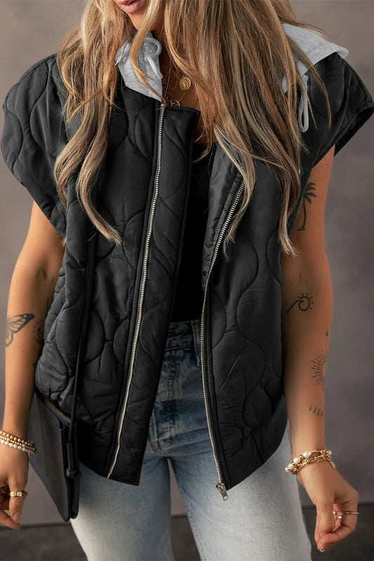 Black Quilted Drawstring Hooded Zip Up Puffer Vest - Chic Meadow Boutique 