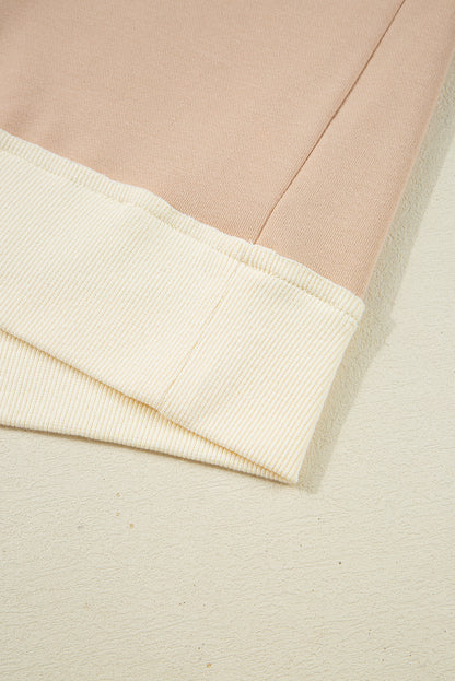 Light French Beige Color Block Textured Patchwork Pullover Sweatshirt