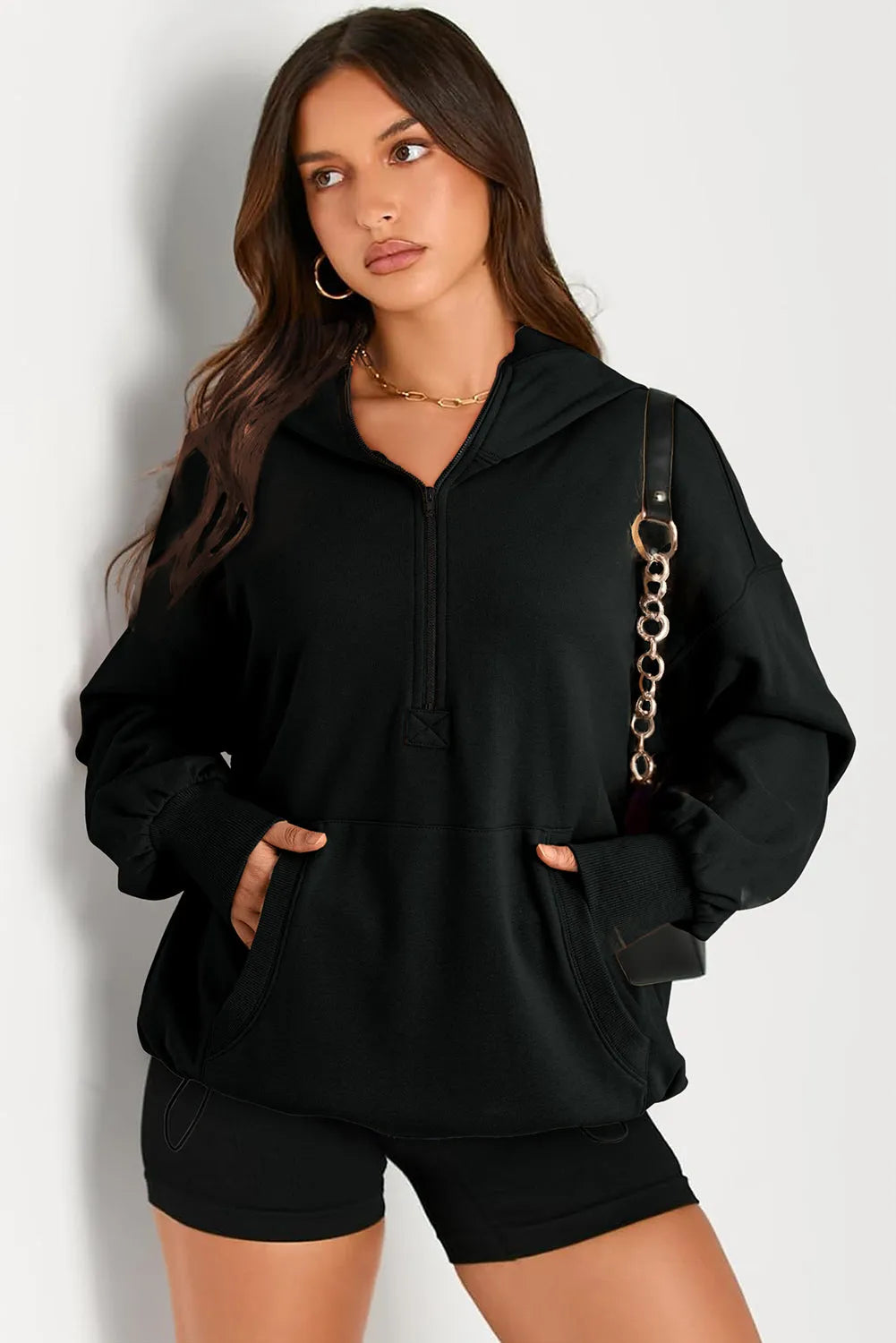 Black Solid Kangaroo Pocket Half Zipper Oversized Hoodie - Chic Meadow Boutique 