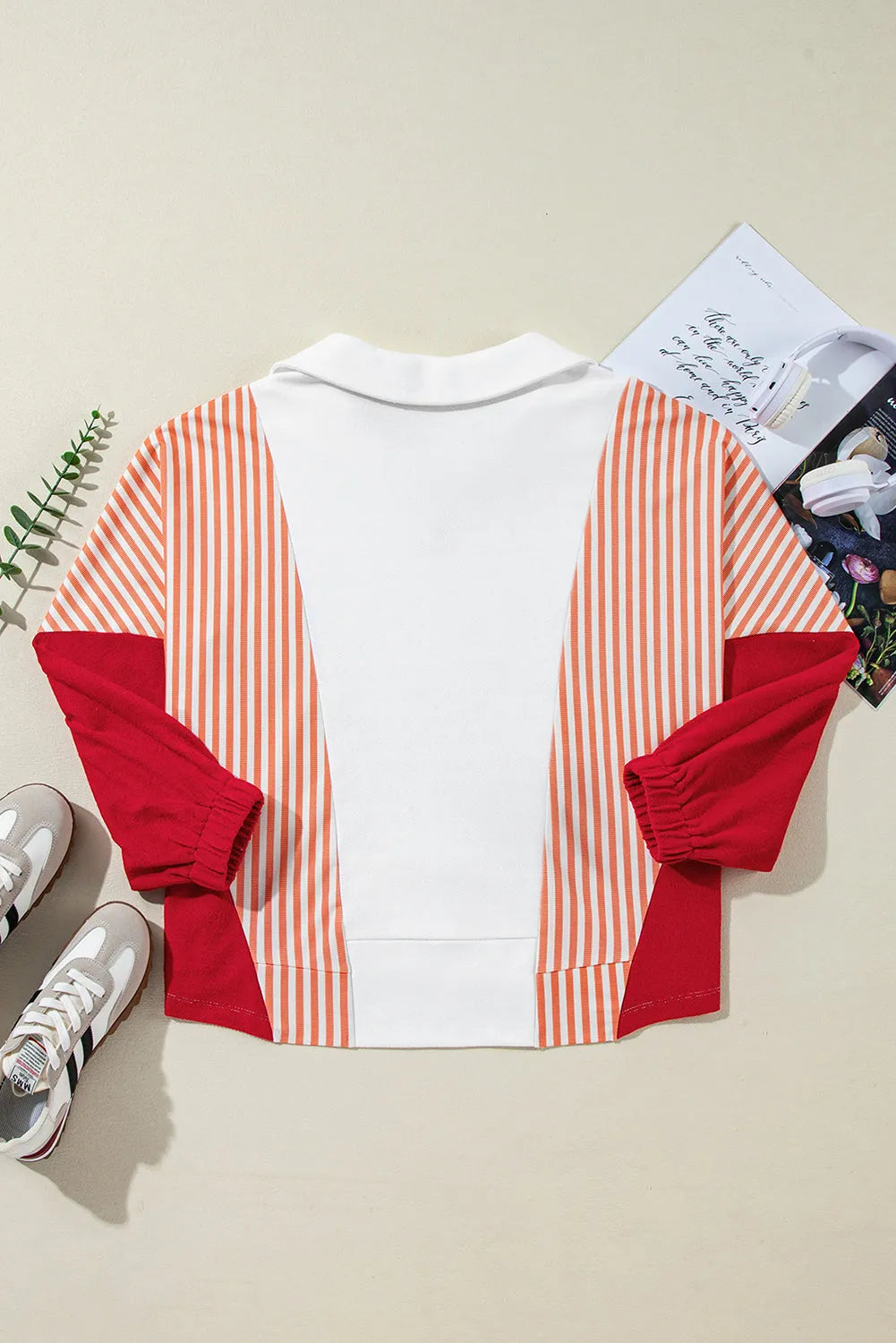 White Striped Color Block Collared V Neck Oversized Sweatshirt - Chic Meadow Boutique 