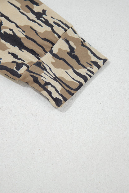 Brown Camouflage Zipper Collar Front Pocket Pullover Sweatshirt