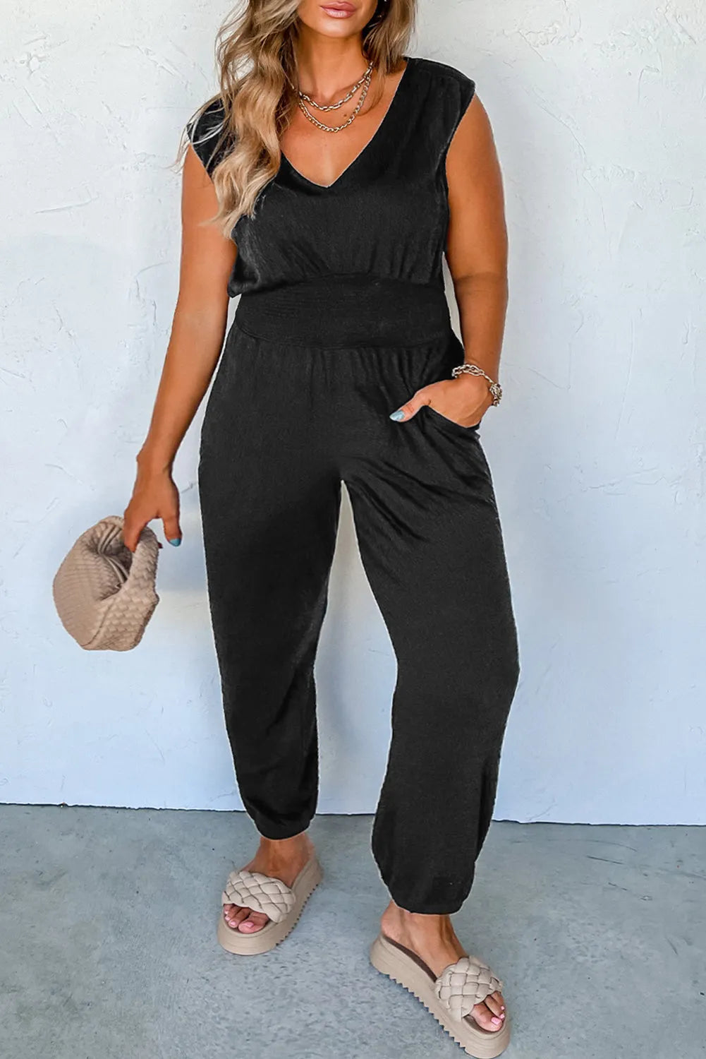 Black Plus Smocked High Waist Sleeveless V Neck Jumpsuit - Chic Meadow Boutique 