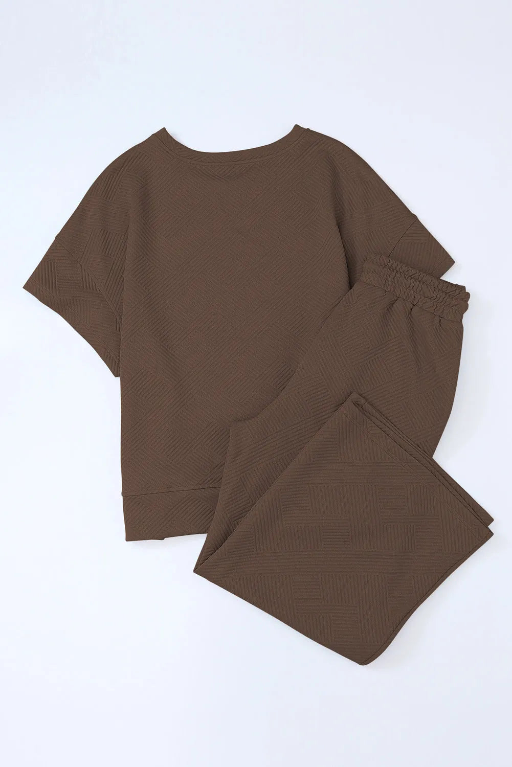 Brown Textured Loose Fit T Shirt and Drawstring Pants Set - Chic Meadow Boutique 