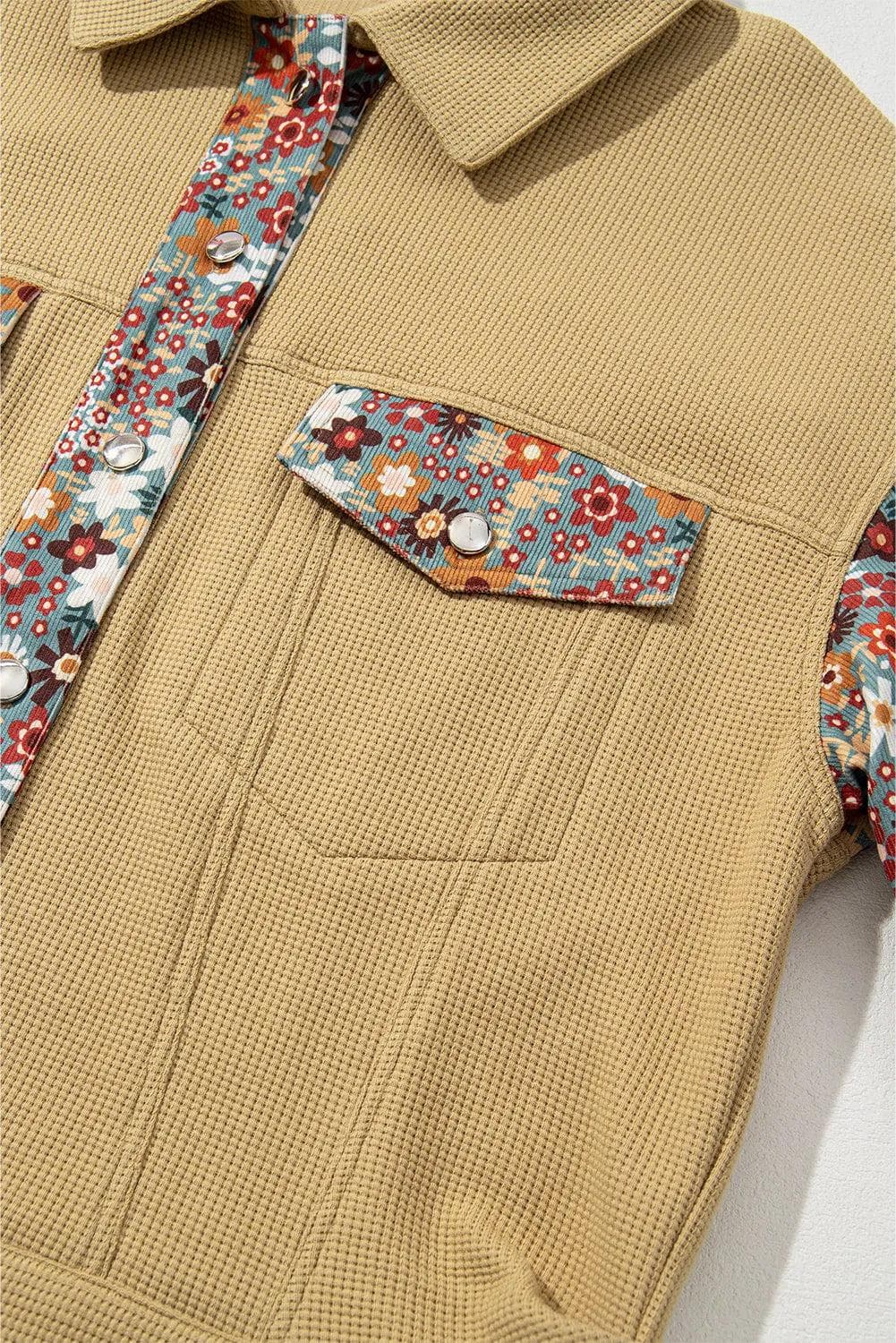 Outerwear/Jackets Khaki Waffle Knit Floral Print Patchwork Button up Jacket