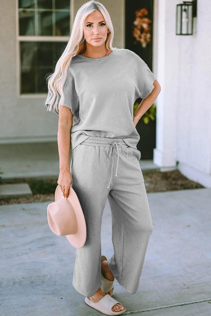 Gray Textured Loose Fit T Shirt and Drawstring Pants Set - Chic Meadow Boutique 