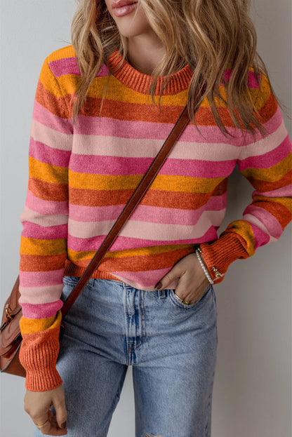 Orange Color Block Ribbed Edge Round Neck Sweater - Chic Meadow Boutique 