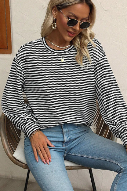 Black Stripe Round Neck Drop Shoulder Long Sleeve Top - Chic Meadow Boutique 