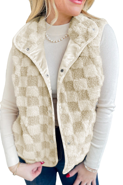 Khaki Sherpa Checkerboard Snap Button Vest Jacket With Pocket