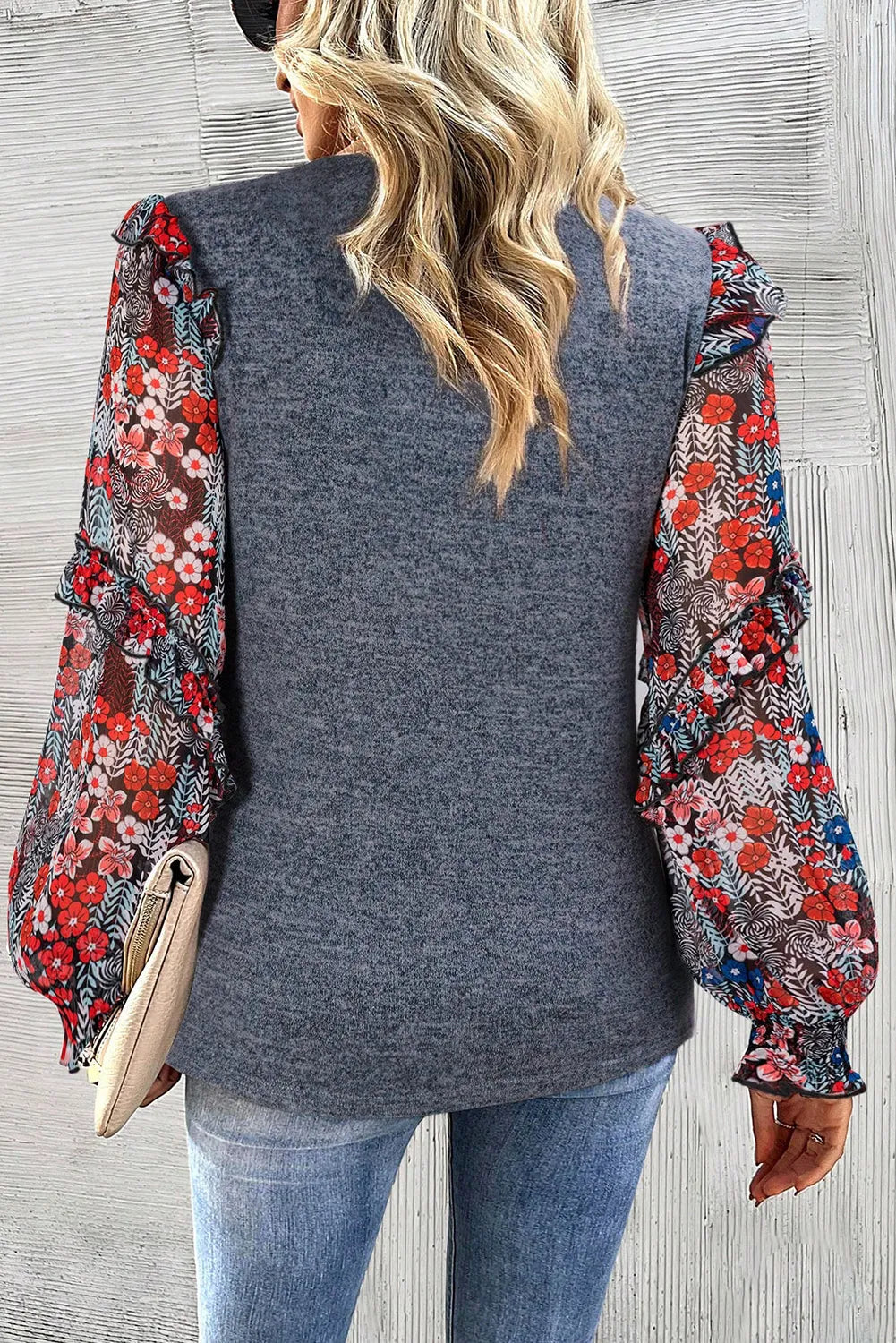 Blue Ruffle Tiered Floral Sleeve Crew Neck Blouse - Chic Meadow Boutique 