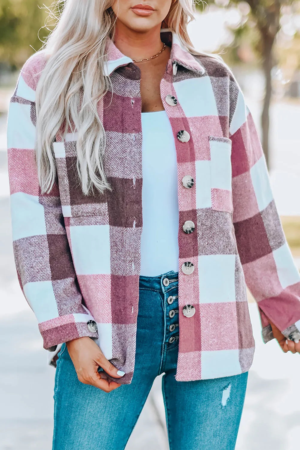 Plaid Color Block Buttoned Long Sleeve Jacket with Pocket - Chic Meadow Boutique 