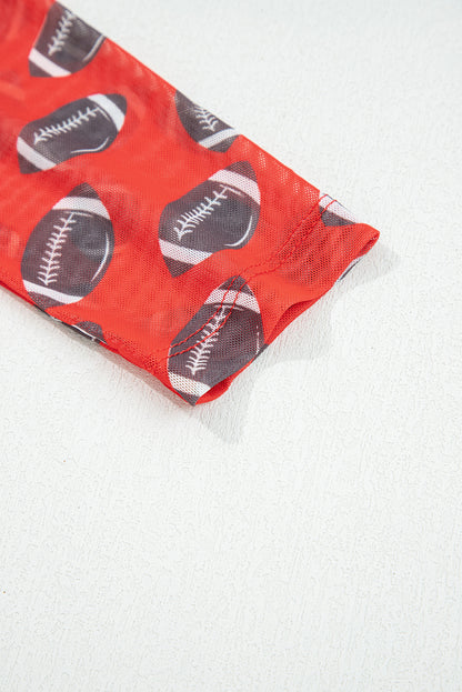 Red Game Day Rugby Mesh Sheer Long Sleeve Top