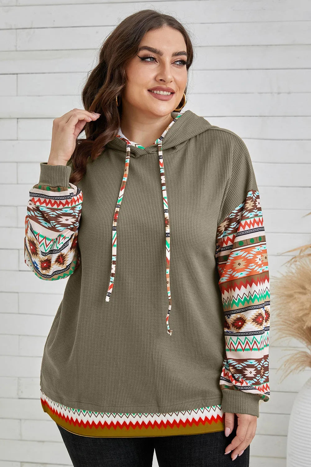 Jungle Green Aztec Patchwork Sleeve Waffle Drawstring Plus Hoodie - Chic Meadow Boutique 