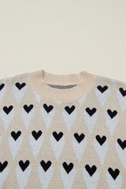 Parchment Geometric Heart Print Ribbed Trim Loose Sweater