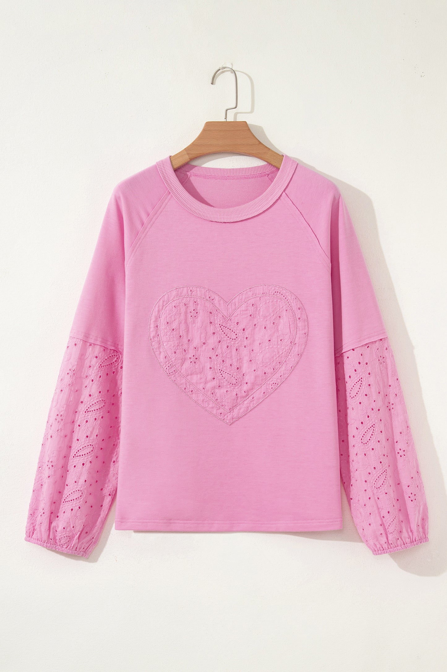 Pink Paisley Broderie Anglaise Valentine Heart Pattern Long Sleeve Patchwork Top