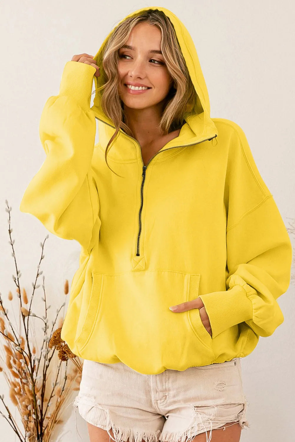 Tops/Sweatshirts & Hoodies Yellow Ribbed Trim Kangaroo Pocket Zipped Hoodie