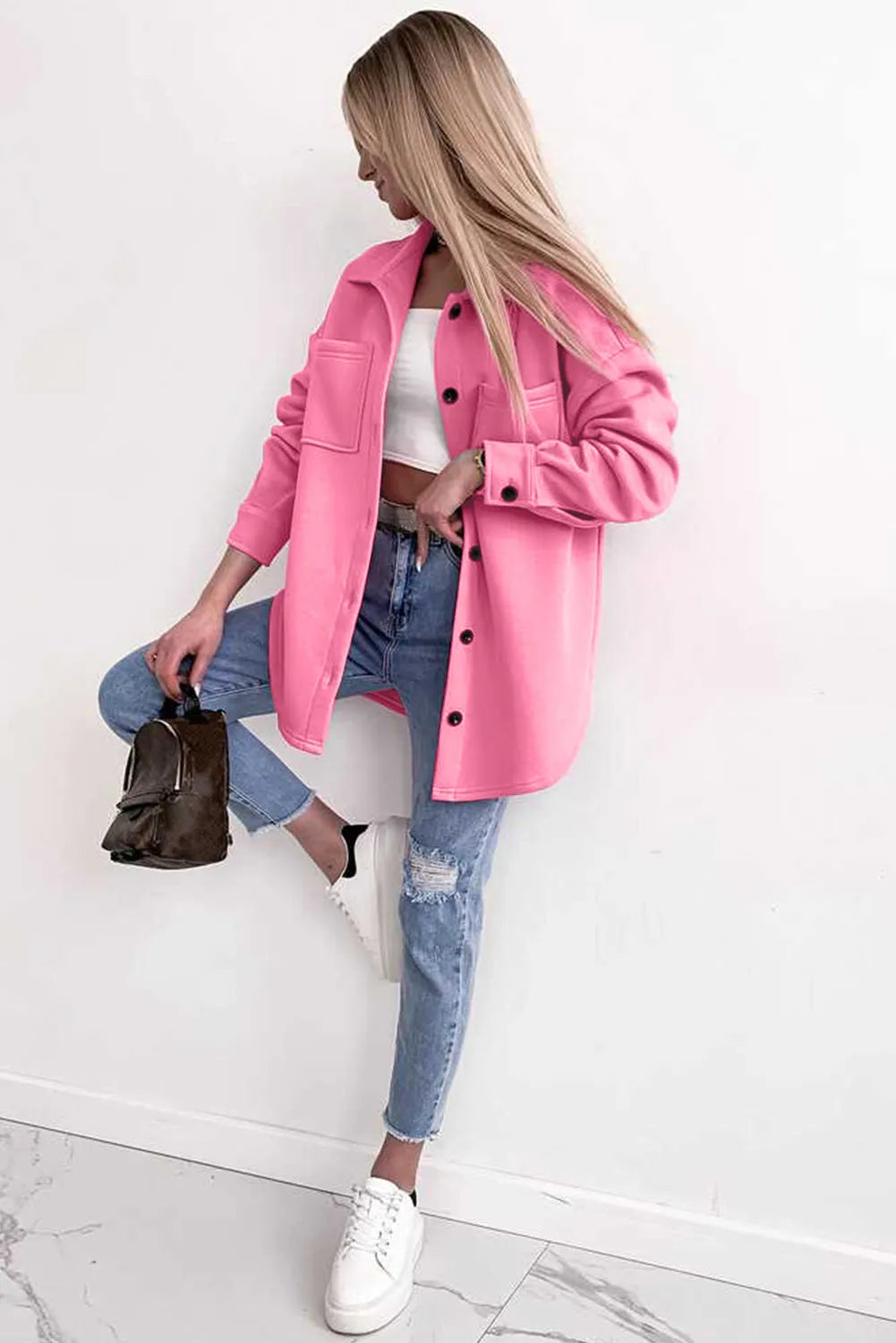 Pink Solid Color Pocketed Button up Long Sleeve Shacket - Chic Meadow Boutique 