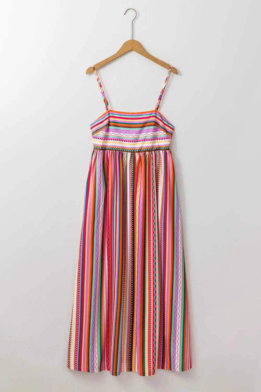 Dresses/Maxi Dresses Multicolour Striped Thin Straps Smocked Back Boho Maxi Dress