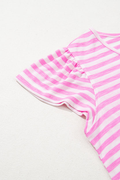 Bonbon Striped V Neck Ruffle Short Sleeve Top