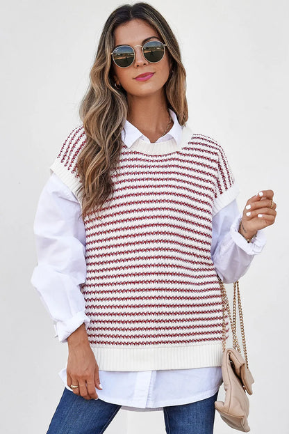 Red Stripe Ribbed Trim Loose Fit Knitted Sweater Vest - Chic Meadow Boutique 