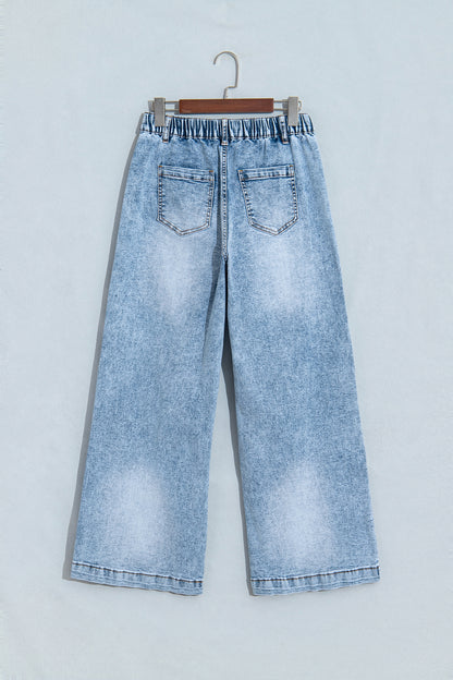 Beau Blue Frayed Studded Detail Wide Leg Pocketed Jeans