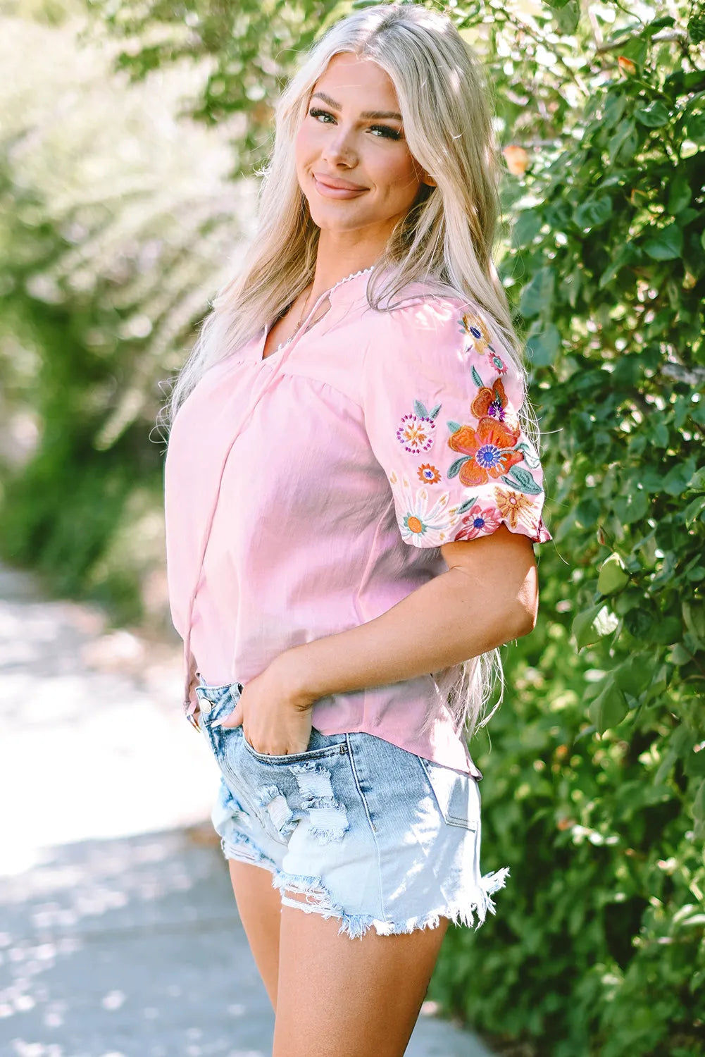 Pink Floral Embroidered Puff Sleeve Split Neck Blouse - Chic Meadow Boutique 