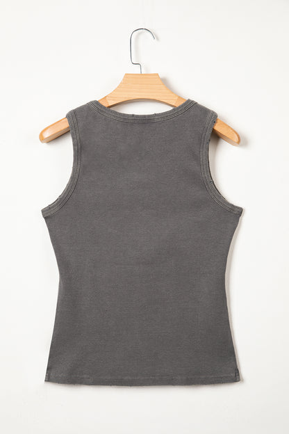 Medium Grey Vintage Distressed Ribbed Mineral Wash Tank Top